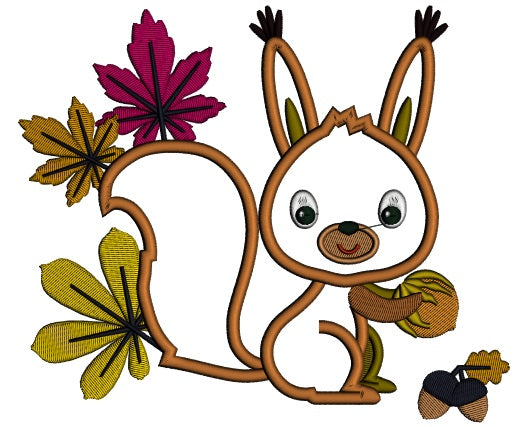 Cute Little Squirrel With Leaves Applique Machine Embroidery Design Digitized Pattern