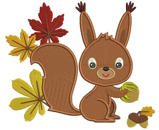 Cute Little Squirrel With Leaves Filled Machine Embroidery Design Digitized Pattern