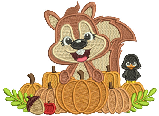 Cute Little Squirrel With a Bird Acorns and Pumpkins Fall Filled Machine Embroidery Design Digitized Pattern