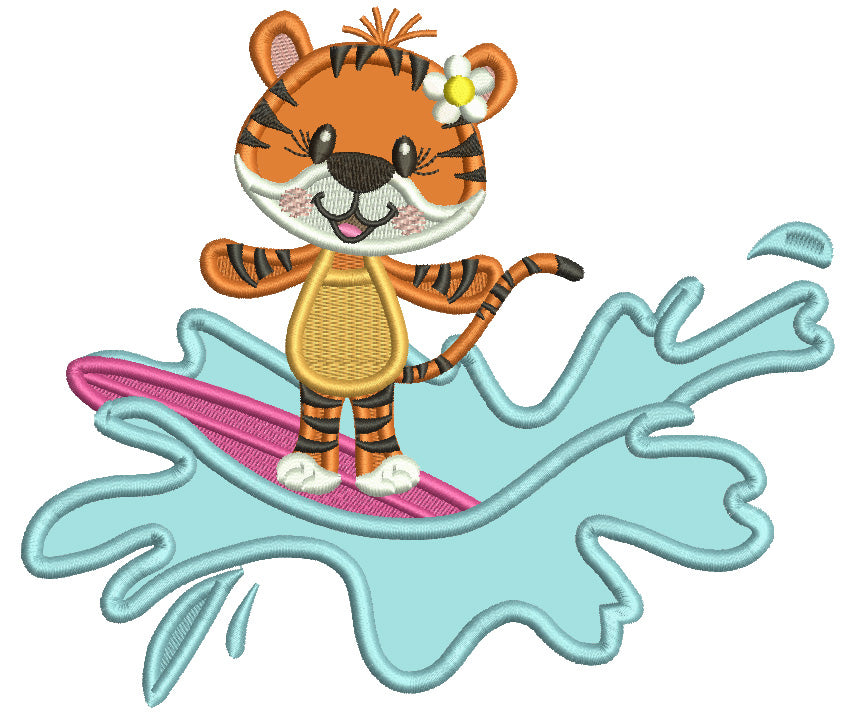 Cute Little Tiger Surfer Riding Waves Summer Applique Machine Embroidery Design Digitized Pattern