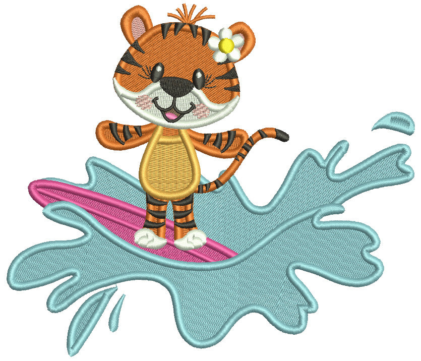 Cute Little Tiger Surfer Riding Waves Summer Filled Machine Embroidery Design Digitized Pattern
