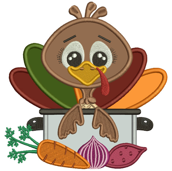 Cute Little Turkey Sitting In The Pot Thanksgiving Applique Machine Embroidery Design Digitized Pattern