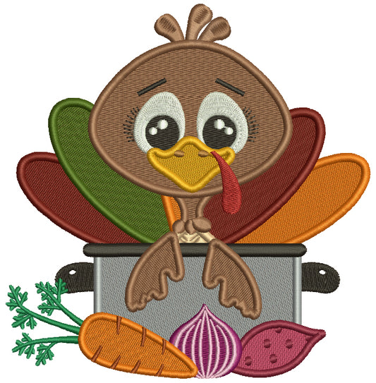 Cute Little Turkey Sitting In The Pot Thanksgiving Filled Machine Embroidery Design Digitized Pattern