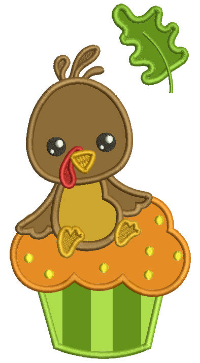 Cute Little Turkey Sitting On The Cupcake Thanksgiving Applique Machine Embroidery Design Digitized Pattern