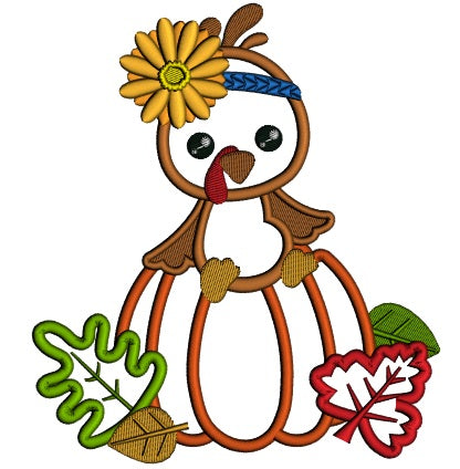 Cute Little Turkey Sitting On The Pumpkin Thanksgiving Applique Machine Embroidery Design Digitized Pattern