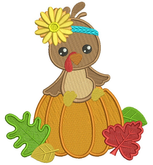 Cute Little Turkey Sitting On The Pumpkin Thanksgiving Filled Machine Embroidery Design Digitized Pattern