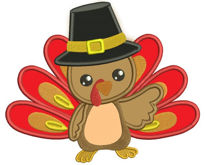 Cute Little Turkey Wearing a Hat Thanksgiving Applique Machine Embroidery Design Digitized Pattern