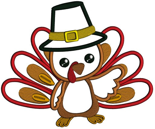 Cute Little Turkey Wearing a Hat Thanksgiving Applique Machine Embroidery Design Digitized Pattern