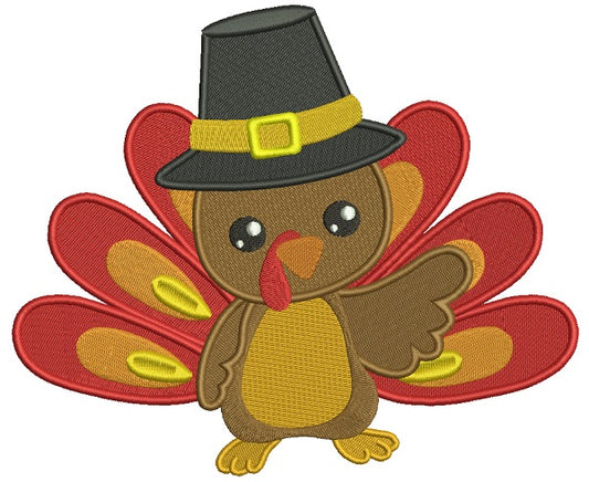 Cute Little Turkey Wearing a Hat Thanksgiving Filled Machine Embroidery Design Digitized Pattern
