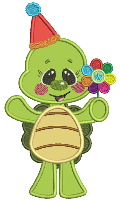 Cute Little Turtle Holding a Flower Applique Machine Embroidery Design Digitized Pattern