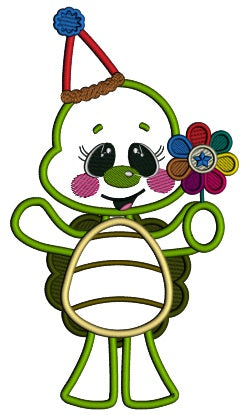 Cute Little Turtle Holding a Flower Applique Machine Embroidery Design Digitized Pattern