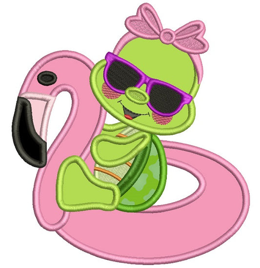 Cute Little Turtle Swimming on a Flamingo Floaty Summer Applique Machine Embroidery Design Digitized