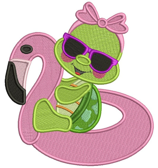 Cute Little Turtle Swimming on a Flamingo Floaty Summer Filled Machine Embroidery Design Digitized