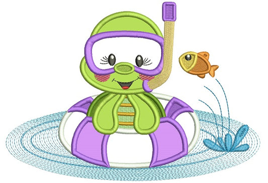 Cute Little Turtle Swimming on a Roud Floaty Summer Applique Machine Embroidery Design Digitized