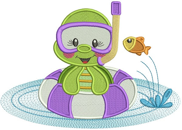 Cute Little Turtle Swimming on a Roud Floaty Summer Filled Machine Embroidery Design Digitized
