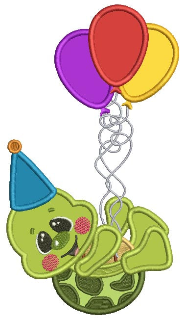 Cute Little Turtle With Birthday Balloons Applique Machine Embroidery Design Digitized Pattern