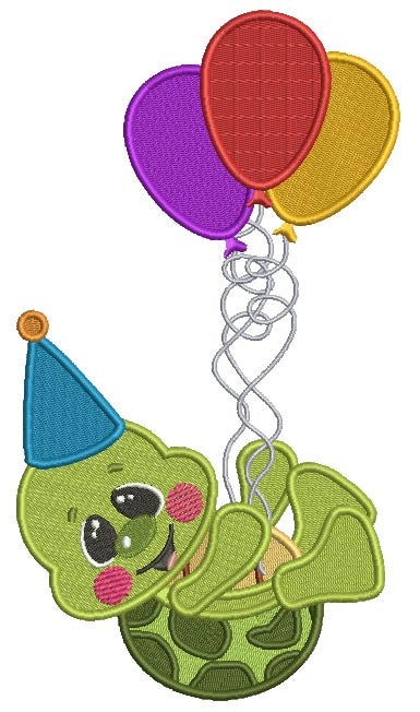 Cute Little Turtle With Birthday Balloons Filled Machine Embroidery Design Digitized Pattern