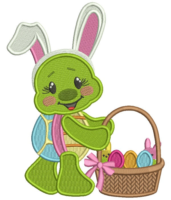 Cute Little Turtle With Bunny Ears Easter Filled Machine Embroidery Design Digitized Pattern