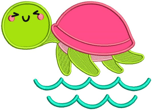 Cute Little Turtle With Waves Applique Machine Embroidery Design Digitized Pattern