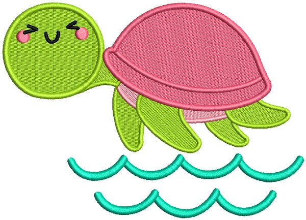 Cute Little Turtle With Waves Filled Machine Embroidery Design Digitized Pattern