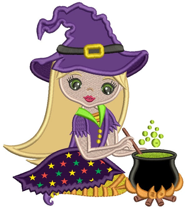 Cute Little Witch Brewing Magic Potion Halloween Applique Machine Embroidery Design Digitized Pattern