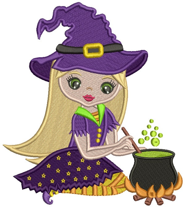 Cute Little Witch Brewing Magic Potion Halloween Filled Machine Embroidery Design Digitized Pattern