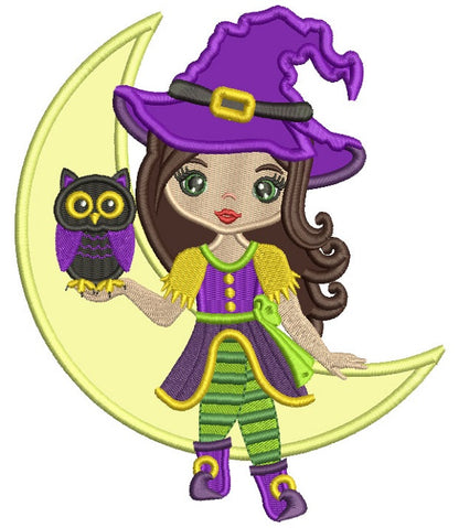 Cute Little Witch Holding Owl And Sitting On The Moon Applique Machine Embroidery Design Digitized Pattern