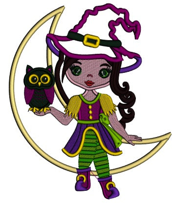 Cute Little Witch Holding Owl And Sitting On The Moon Applique Machine Embroidery Design Digitized Pattern