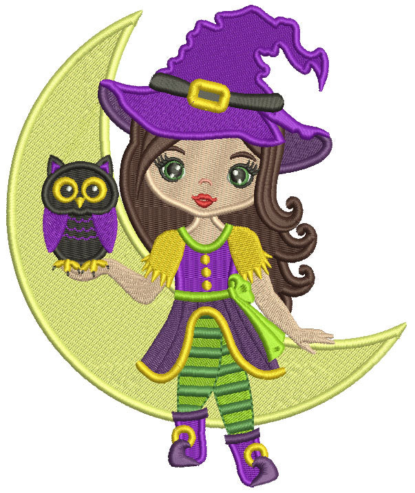 Cute Little Witch Holding Owl And Sitting On The Moon Filled Machine Embroidery Design Digitized Pattern