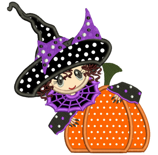 Cute Little Witch With Pumpkin Halloween Applique Machine Embroidery Digitized Design Pattern