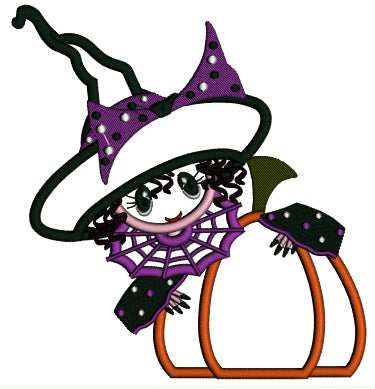 Cute Little Witch With Pumpkin Halloween Applique Machine Embroidery Digitized Design Pattern