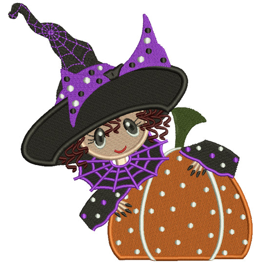 Cute Little Witch With Pumpkin Halloween Filled Machine Embroidery Digitized Design Pattern