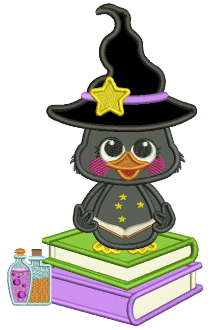 Cute Little Wizard Crow SItting On Potion Books Applique Halloween Machine Embroidery Design Digitized Pattern