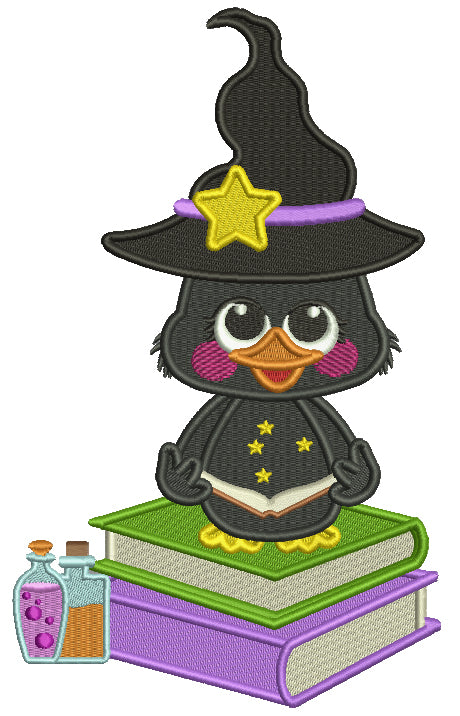 Cute Little Wizard Crow SItting On Potion Books Filled Halloween Machine Embroidery Design Digitized Pattern