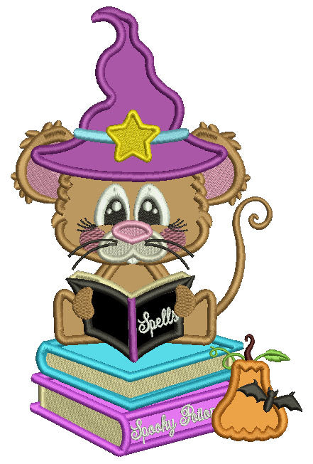 Cute Little Wizard Rat Reading The Book Of Spells Halloween Applique Machine Embroidery Design Digitized Pattern