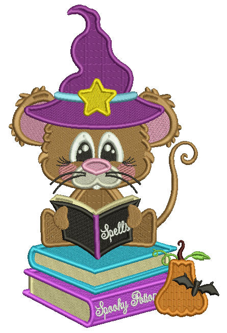 Cute Little Wizard Rat Reading The Book Of Spells Halloween Filled Machine Embroidery Design Digitized Pattern
