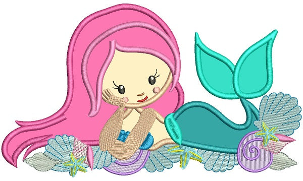 Cute Mermaid And Seashells Applique Machine Embroidery Design Digitized Pattern