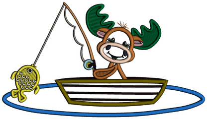Cute Moose Fishing On The Lake Applique Machine Embroidery Design Digitized Pattern