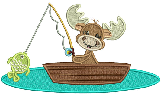Cute Moose Fishing On The Lake Filled Machine Embroidery Design Digitized Pattern