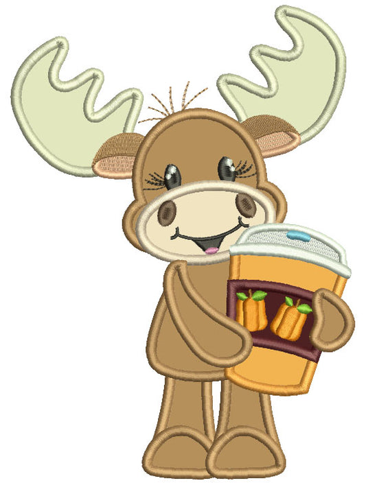 Cute Moose Holding Coffee Cup With Pumpkins Fall Applique Thanksgiving Machine Embroidery Design Digitized Pattern