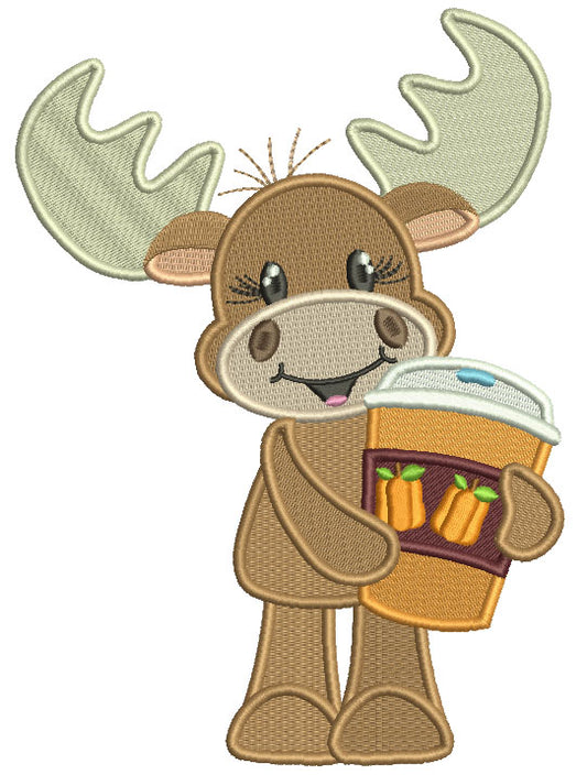 Cute Moose Holding Coffee Cup With Pumpkins Fall Filled Thanksgiving Machine Embroidery Design Digitized Pattern