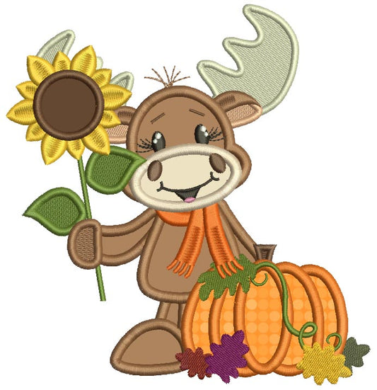 Cute Moose Holding Sunflower Thanksgiving Applique Machine Embroidery Design Digitized Pattern