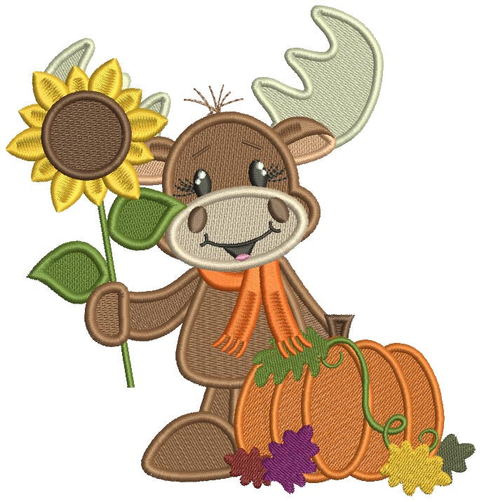 Cute Moose Holding Sunflower Thanksgiving Filled Machine Embroidery Design Digitized Pattern