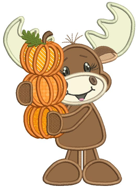 Cute Moose Holding Three Pumpkins Thanksgiving Applique Machine Embroidery Design Digitized Pattern