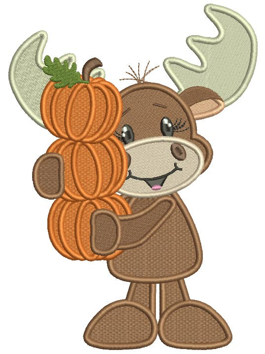 Cute Moose Holding Three Pumpkins Thanksgiving Filled Machine Embroidery Design Digitized Pattern
