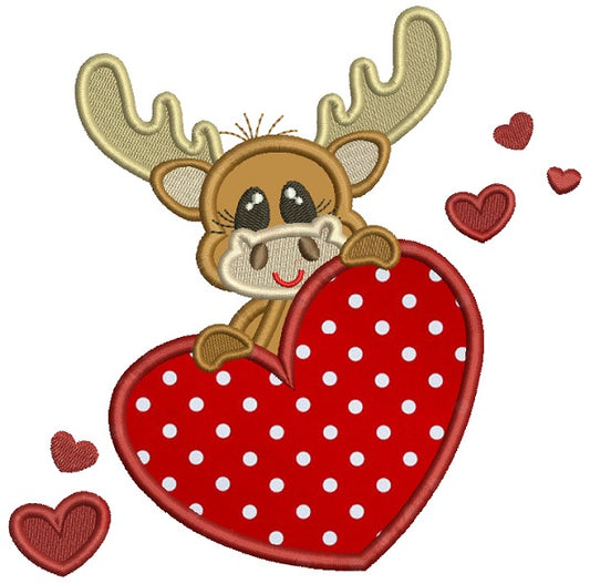 Cute Moose Holding a Big Heart Applique Machine Embroidery Design Digitized Pattern