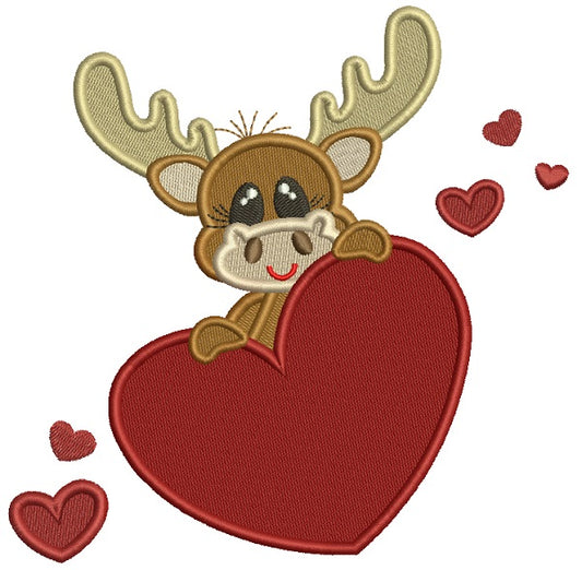 Cute Moose Holding a Big Heart Filled Machine Embroidery Design Digitized Pattern