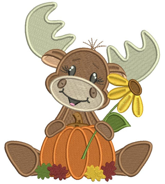 Cute Moose Sitting Behind Pumpkin Holding a Flower Thanksgiving Filled Machine Embroidery Design Digitized Pattern
