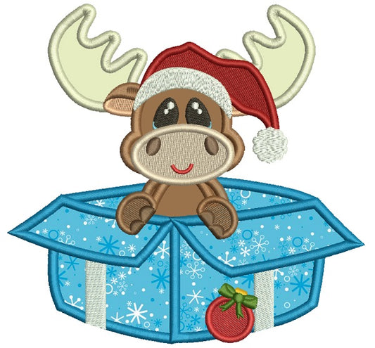 Cute Moose Sitting Inside Box With Presents Christmas Applique Machine Embroidery Design Digitized Pattern
