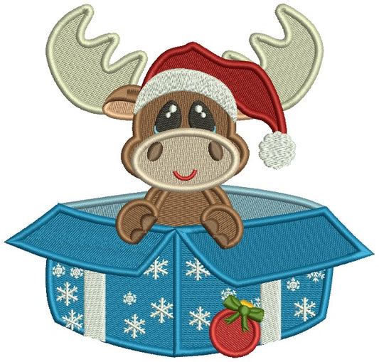 Cute Moose Sitting Inside Box With Presents Christmas Filled Machine Embroidery Design Digitized Pattern